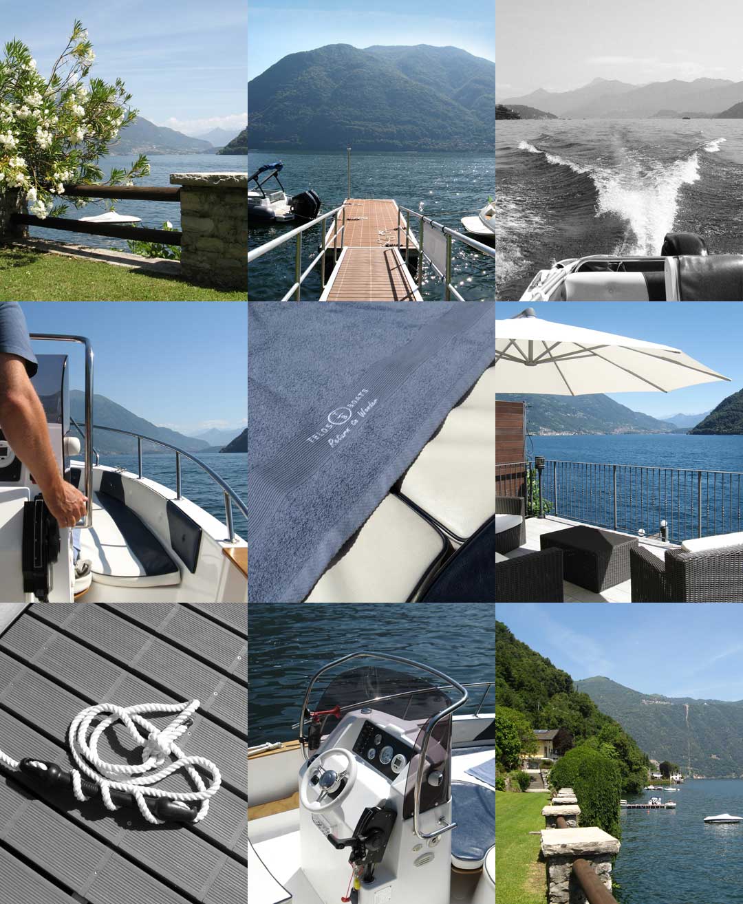 Photo collage showcasing the private boarding point, lakeside garden and exclusive guest services offered by Telos Boats rental on Lake Como.