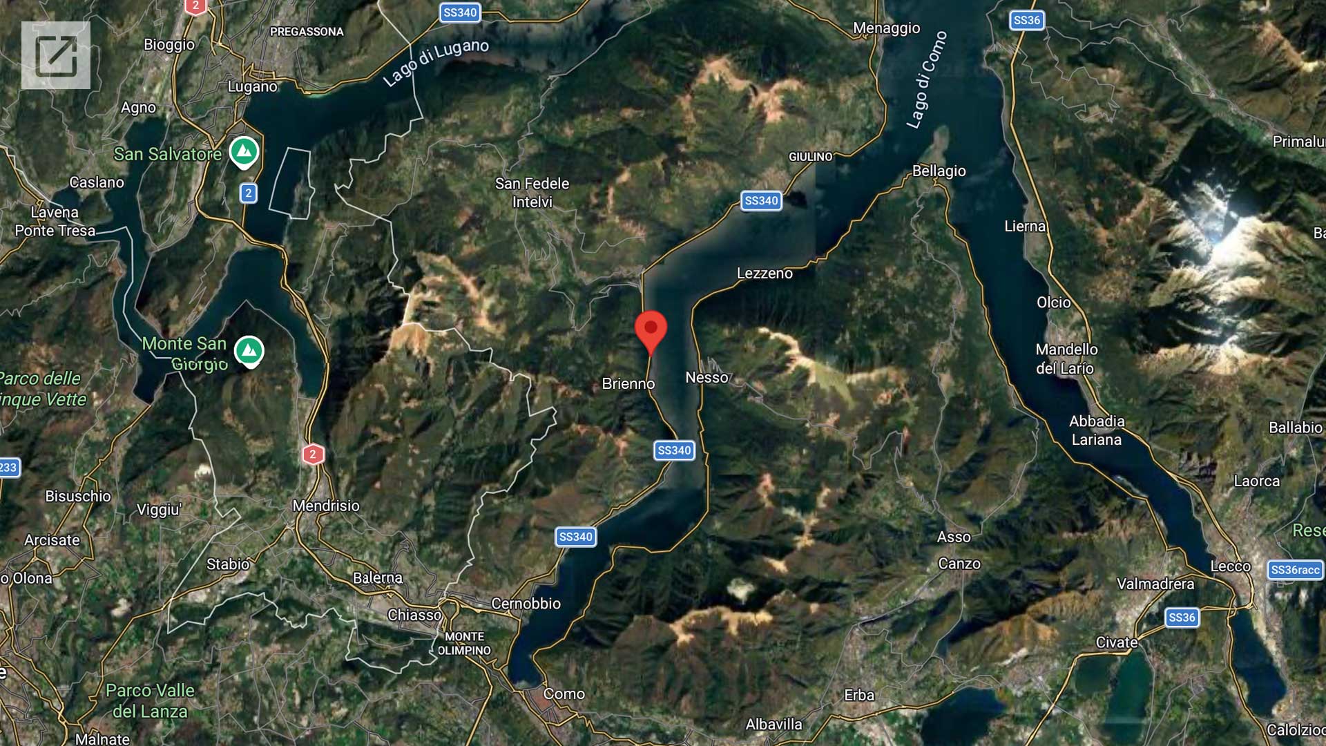 Mappa Google del Lago di Como con le principali città e punti d'interesse